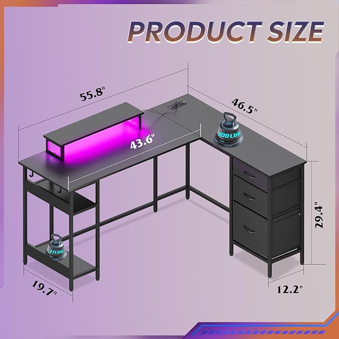 DEVAISE L Shaped Gaming Desk with Drawers and Storage, L Shaped Desk with LED Lights, Power Outlets, PC Desk with Monitor Stand, Corner Desk for Home Office (Black, 55 Inch)