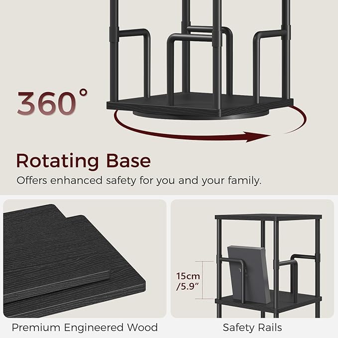 MAHANCRIS 5-Tier Rotating Bookshelf, Freestanding Corner Bookshelf, 360° Spinning Bookcase, Industrial Style Storage Rack with Rails, for Living Room, Bedroom, Study, Black BKBK1601