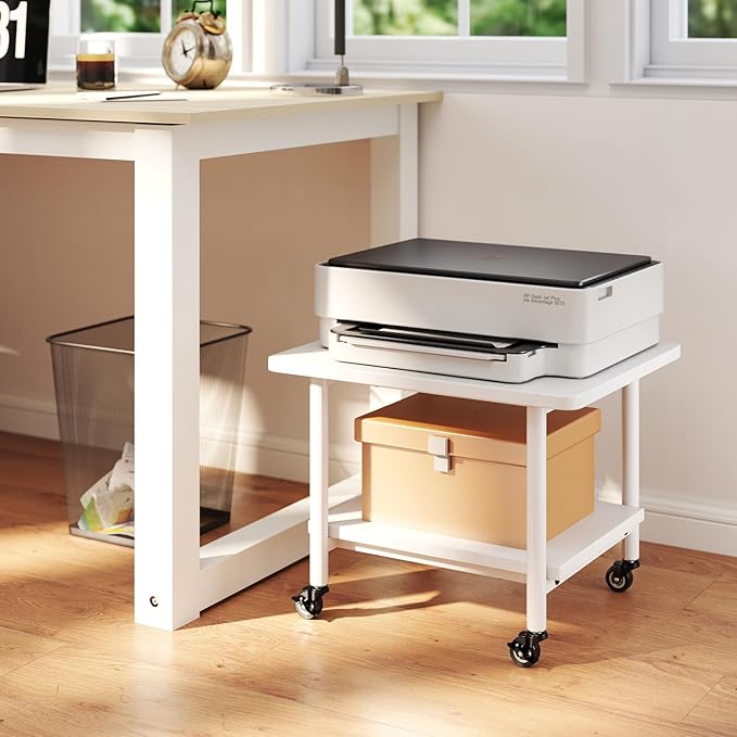 Giantex Under Desk Printer Stand, 2-Tier Mobile Printer Table with Storage Shelf, Lockable Wheels & Metal Frame, Rolling Printer Cart Holder, Storage Rack for Home Office Scanner Fax Machine (White)