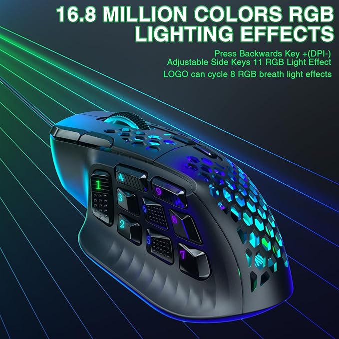 SOLAKAKA SM809 Gaming Mouse for MMO,24000 DPI,16 Programmable,RGB PC Gaming Mice,Black