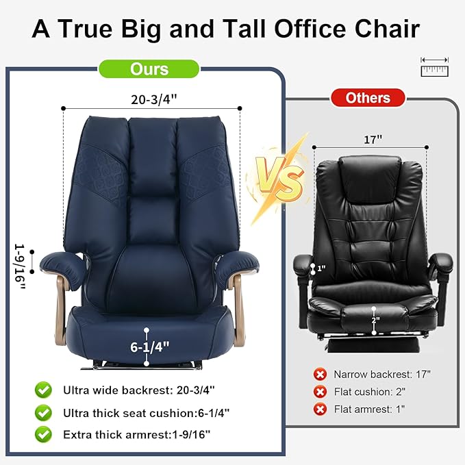 EXCEBET Big and Tall Executive Office Chair with Footrest, 400LBS Capacity Ergonomic High-Back Desk Office Chair with Lumbar Support, Padded Armrests & Thick Cushion, Blue PU Leather Chairs