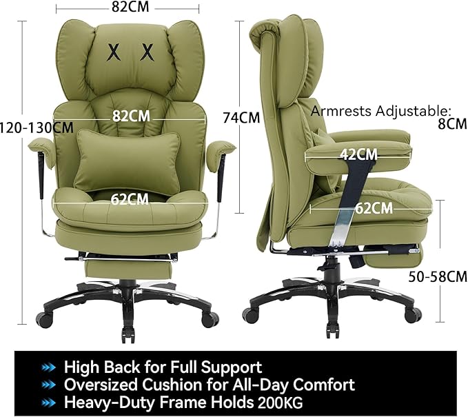 Efomao Desk Office Chair, X-Embroidery Big and Tall PU Leather Home Chair, Adjustable High Back Computer Gaming Chair, 200kg Swivel Executive Office Chair with Footrest and Lumbar Support, OLIVE GREEN