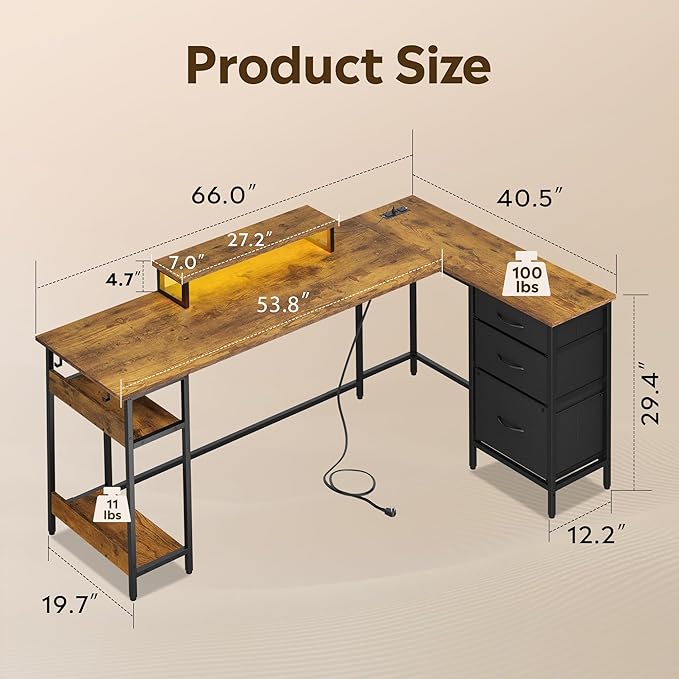 DEVAISE 66 Inches L Shaped Desk with Drawers, L Shaped Office Desk with Power Outlets, Monitor Stand, Computer Table, Gaming Desk with LED Light, Large Corner Desk for Home Office (White)