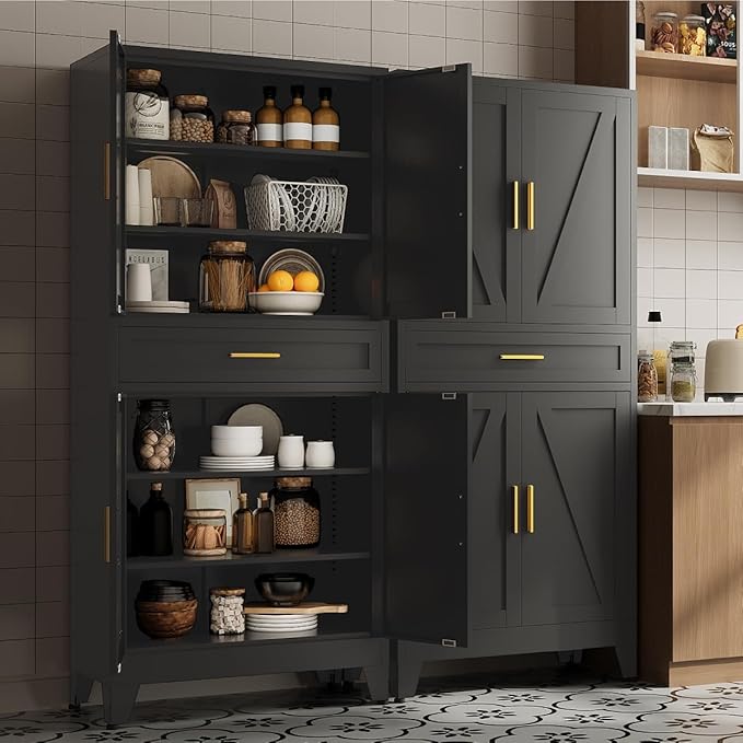 Washsemba 71 "Farmhouse Metal Filing Cabinet with a Drawer and 4 Adjustable Shelves, with 4 Large barn Door Black Kitchen Cabinets, Metal Food Cabinets for Home, Kitchen, Dining/Living Room (Black)
