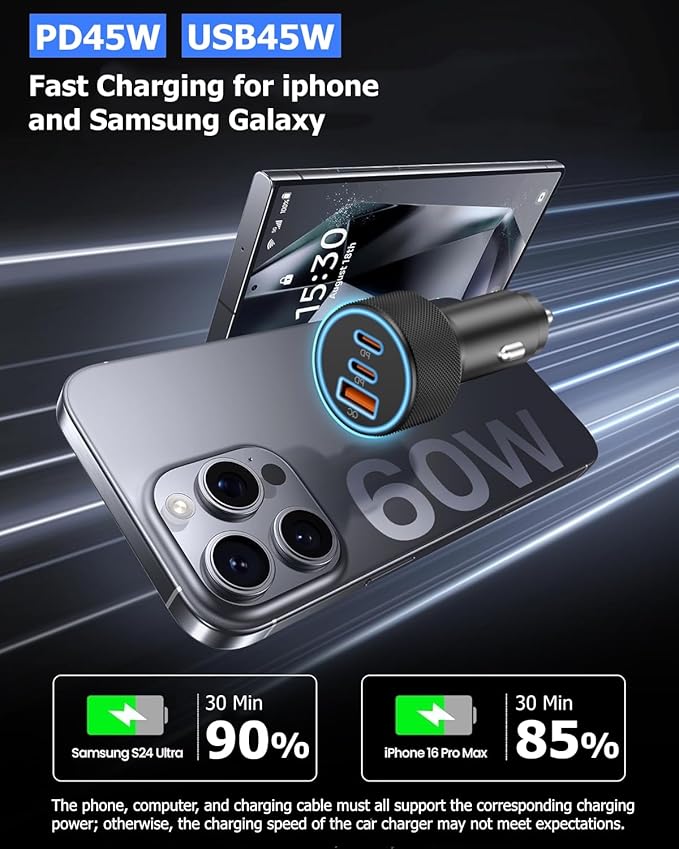 USB C Car Charger, 3-Port 142.5W Dual USB-C & USB-A Car Power Adapter PD/QC Fast Charging Cigarette Lighter for iPhone 17/16/15, iPad, MacBook Pro/Air, Samsung Galaxy S25 S24, Pixel, Android