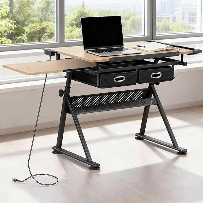 ZENY Adjustable Drafting Table with Stool, Tilting Drawing Desk Artist Table with Storage Drawers, Art Craft Workstation for Home Office Reading, Writing, Crafting (Brown-with Outlet)