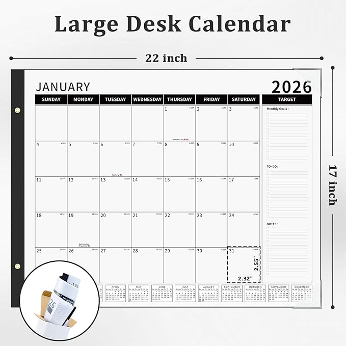 Ospelelf Desk Calendar 2026-2027 Large 22"x17" Monthly Family Planner Pad with Protective Cover 18 Months January 2026 - June 2027 Black