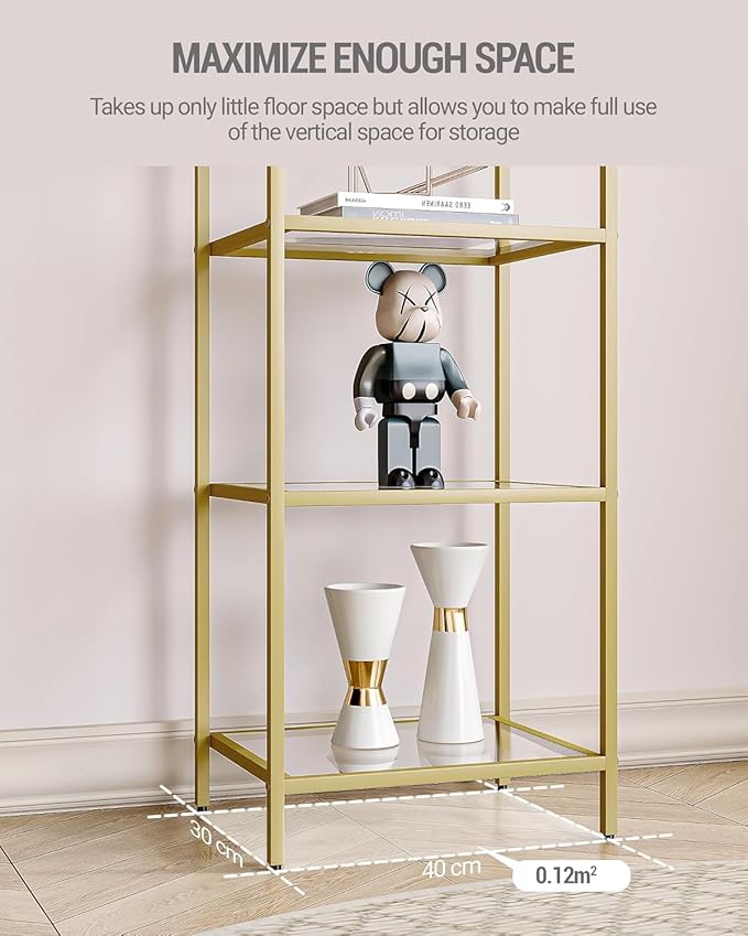 Hzuaneri Bookcase Bookshelf, Tempered Glass Bookshelves, Slim Shelving Unit for Bedroom, Bathroom, Home Office, Steel Frame, 5 Tier Gold BC05001G
