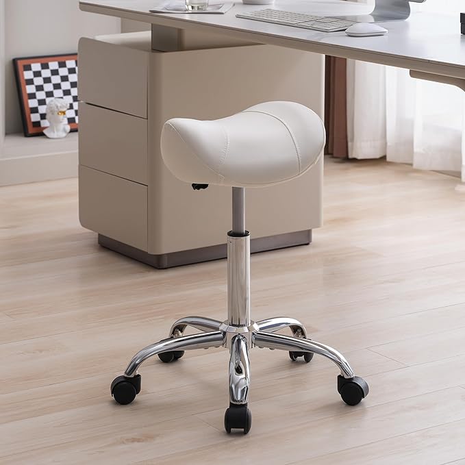 FIRAVOE Saddle Stool, Swivel Saddle Stool with Wheels, Adjustable Rolling Stool 18"-26", Faux Leather Rolling Stool for Salon, Massage, Clinic, Lab, Office (White, 1PCS (18"-26"))