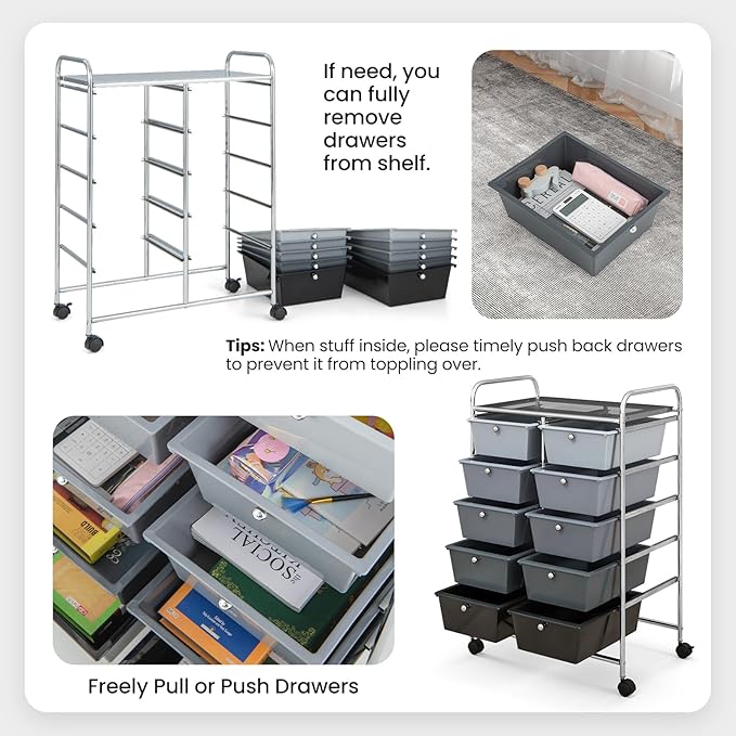 Moccha Rolling Storage Cart with 10 Drawers - Under Desk Cabinet on Wheels for Craft Art Supply Paper Salon, Scrapbook Paper Tools, Multipurpose Mobile Utility Cart for Classroom, Gradient Grey