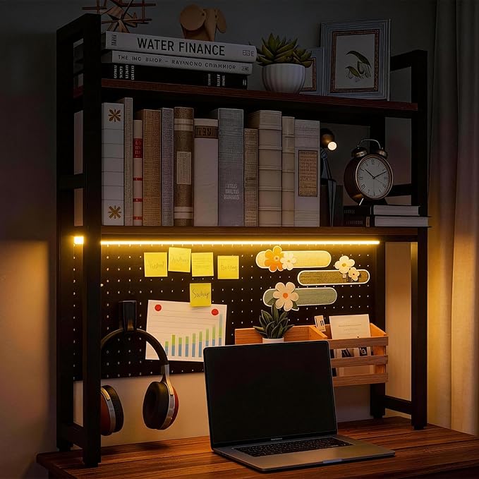 2 Tier Desktop Hutch Bookshelf with LED Light Strip, 39.4" Metal Dorm Desk Hutch with Pegboard Hooks Set, Display Desk Shelf Bookcase Storage Organizer Rack for Dorm Home Office