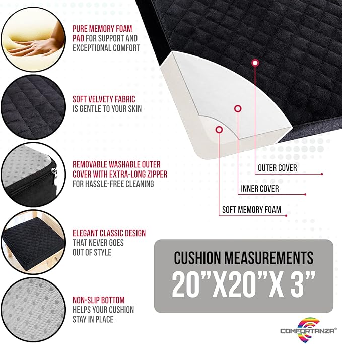 Medium-Soft 20x20x3 Memory Foam Recliner Chair Seat Cushion for Long Sitting - Armchair Pad with Washable Velvety Cover with Waterproof Layer & Non-Slip Base for Seniors & Elderly - Black