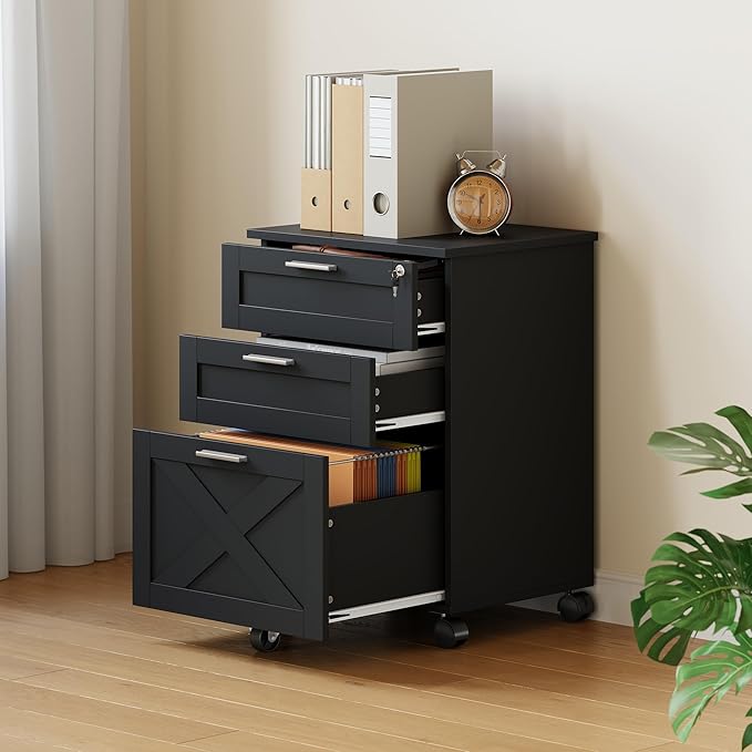 3-Drawer Rolling File Cabinet with Lock - Wooden Mobile Filing Cabinet for Home Office, Under Desk Storage Organizer fits Letter/A4/Legal Size, Sturdy Printer Stand with Locking Casters, Black