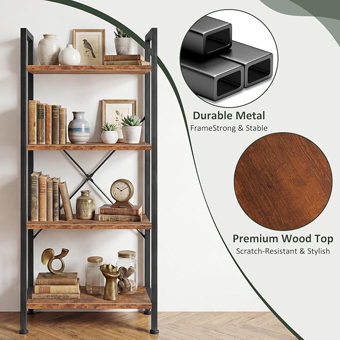 4 Tier Bookshelf, Free Standing Wooden Bookcase with Open Storage Shelves with Metal Frame, Sturdy Shelf Organization Display Rack for Living Room, Bedroom, Home Office, 39.4" Tall, Brown