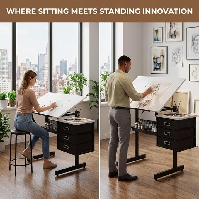 Drafting Table with Storage, Adjustable Art Desk & Art Table with Stool, 0-75° Tilting Top, 3 Drawers for Diamond Painting, Architecture, Animation, Office (Adults & Teens) (White)