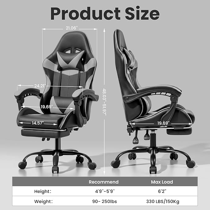 Gaming Chair, Ergonomic Computer Chair with 90°-150° Reclining Backrest & Footrest, Headrest & Lumbar Support, 363° Swivel Height Adjustable Desk Chair, High Back for Adults