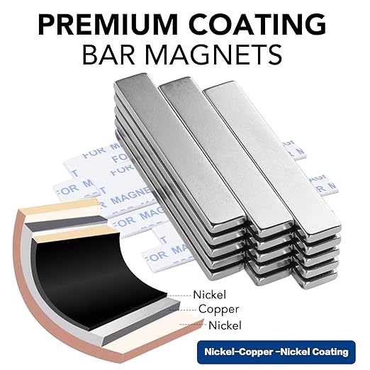TRYMAG Strong Neodymium Magnets Bar, 12 Pack Powerful Rare Earth Magnets with Double-Sided Adhesive, Waterproof Magnetic Magnet Strips Heavy Duty Perfect for Kitchen, DIY, Office - 60 x 10 x 3 mm