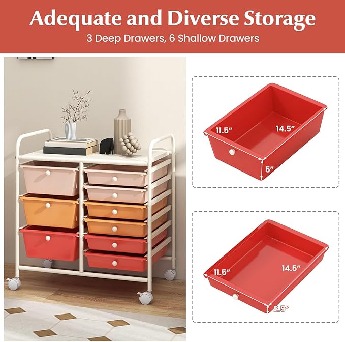 Moccha 9-Drawer Rolling Storage Cart - Under Desk Storage Drawers with wheels for Craft Art Supply Paper Salon, Scrapbook Paper Tools, Mobile Utility Cart for Classroom, Macaron