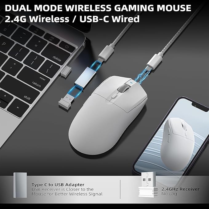 A.JAZZ AJ139 G Pro Wireless Gaming Mouse Ultra-lightweight 59g with Dual Mode-Type C Wired/2.4Ghz USB Receiver up to 26000DPI 6 Programmable Button Ergonomic Symmetric for PS4 XBox PC Mac Gamer(White)