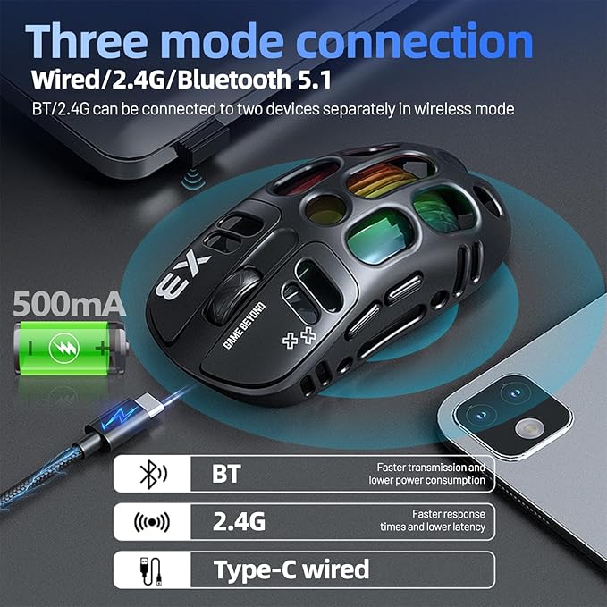 X3 Wireless Gaming Mouse with 70g Lightweight Hollowed Out Design – 12,000 DPI PAW 3311 Sensor, 6 Programmable Buttons, Support Wired/2.4GHz/BT for PC/Mac/Gamer (Black)