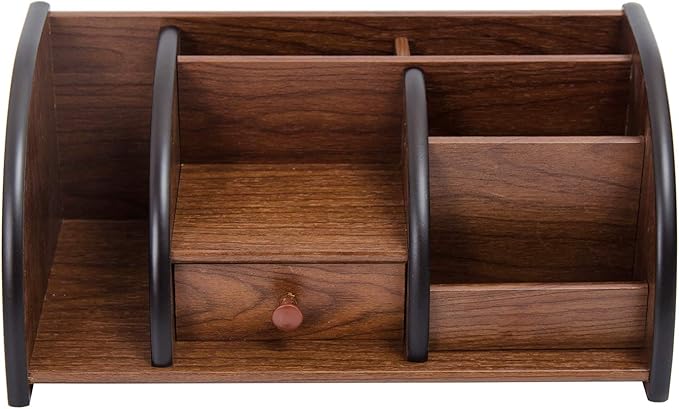 Cherry Brown Wood Desktop Organizer Multiple Compartments Stepped Racks Drawer Shelf Tabletop Storage Cabinet Stationery Holder Office Accessory Supplies Caddy Sorter Home