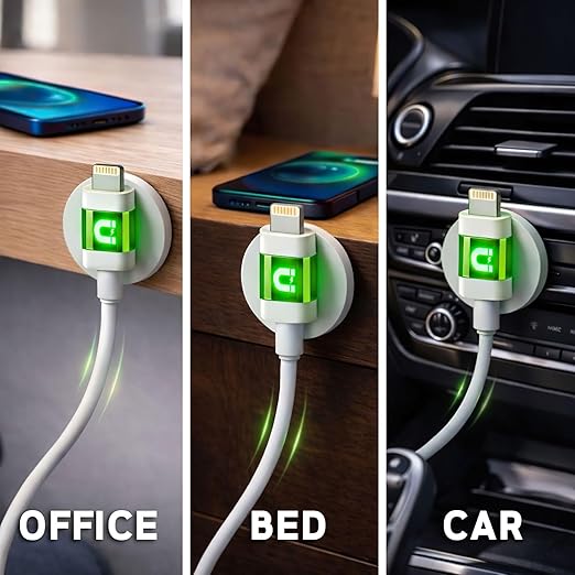 3ft LED Phone Lightning Cable with Magnetic Tip, Magnetic Cord Holder & Green Night Glow Light – Durable Fast Charger Cable for iPhone 5–14 and More
