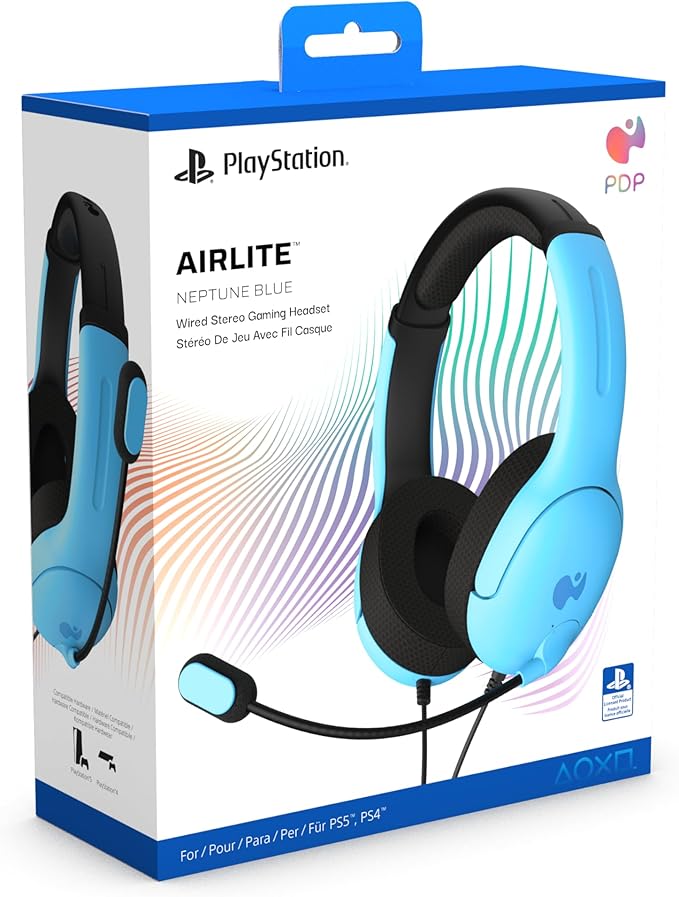 PDP AIRLITE Wired Stereo Gaming Headset, Officially Licensed by Sony PlayStation 5, PS5/PS4/PS3/PC, Lightweight Durable Headphones, 3.5mm Audio Jack, Noise-canceling Flip-to-Mute Mic, Neptune Blue