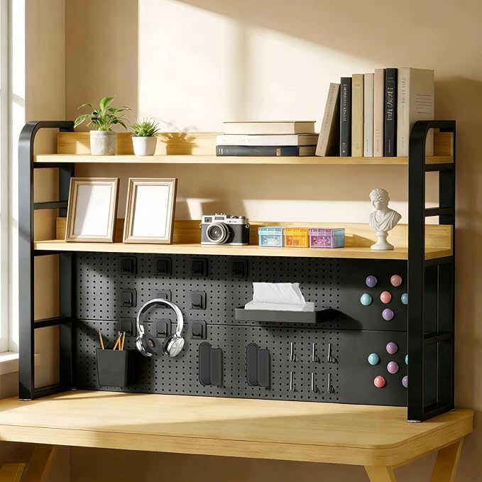 Desktop Hutch Bookshelf with Pegboard,Desk Organizer Shelf Bookcase, Countertop Storage Organizer Rack for Dorm Office Home Dormitory (Black, 95CM/37.4IN)