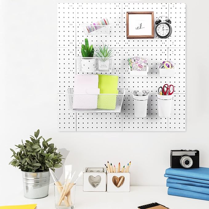 Sieral 30 Pcs Pegboard Organizer Accessories Kit Includes Peg Board Shelving Storage Basket Organizer Bins Hooks Loops Cup with Cup Holder for Garage Room Wall Attachments Tools(White, Silver)