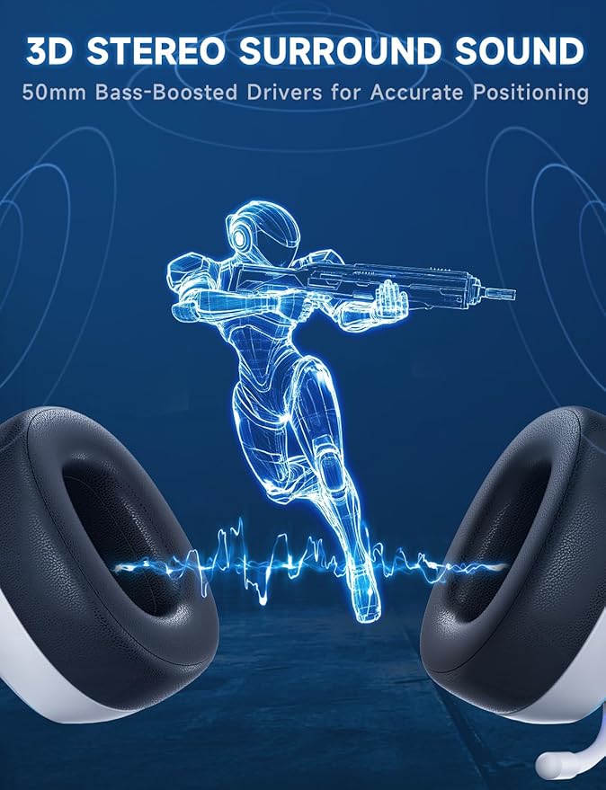 Gvyugke 2.4GHz Wireless Gaming Headsets for PS5, PS4, PC, Switch - Bluetooth 5.3 Gaming Headphones with Noise Canceling Mic, 7.1 Surround Sound, 70H Battery, Blue Lighting - White