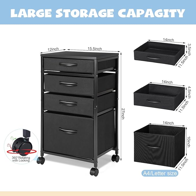 Chunful 4 Drawer Rolling File Cabinet Mobile Printer Stand Metal Cart with Fabric Vertical Filing Chest Wheels A4 Letter Size Under Desk Utility Craft Storage Organizer for Home Office School(Black)