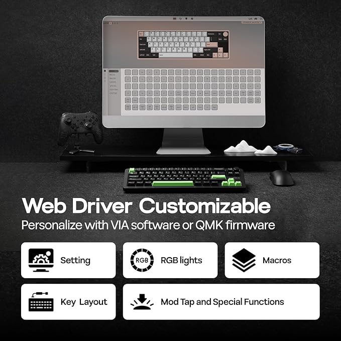 EPOMAKER Galaxy68 QMK/VIA Wireless Mechanical Keyboard, Anodized Aluminum, TOP/Gasket, 6000mAh, RGB Side/Backlight, 65% Gaming Keyboard with Hot-Swap Creamy Switch (Black, Wisteria Linear Switch)