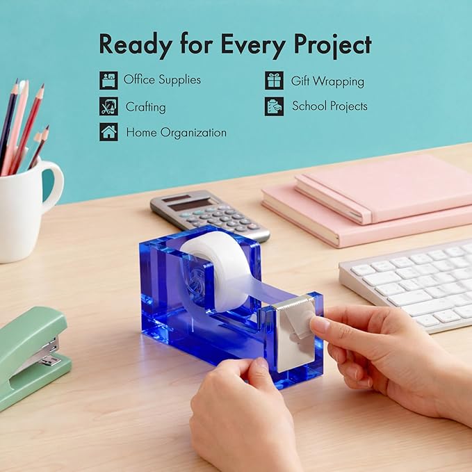 OfficeGoods Acrylic Tape Dispenser – Modern Desk Organizer for Office Supplies, Heavy Duty Refillable Tape Holder for Home and School Crafting, Stylish Desktop Accessory for Gift Wrapping, Blue