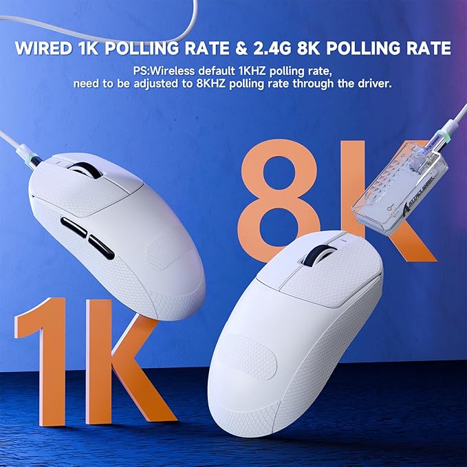 ATTACK SHARK X8 PRO 8K Wireless Gaming Mouse,PAW3395PRO 40K DPI Sensor,Tri-Mode Broadcom BK52820 Chip,Superlight Ergonomic Mouse for Large Hands,Cloud-Based Software,for Win/Mac(White&Tape)