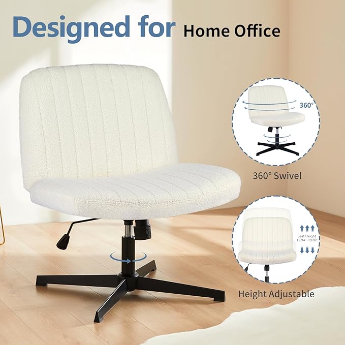 DUMOS Criss Cross Chair No Wheels, Legged Office Desk Armless Chair Wide Seat, Adjustable Swivel Teddy Fabric Task Vanity Chairs for Home Bedroom, Beige