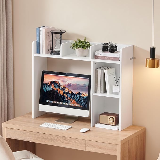 Nromant Desktop Bookshelf, Wooden Desk Storage Hutch with 5 Shelves, 3-Tier Desktop Display Organizer Rack for Office Home (White, 5 Shelves A)