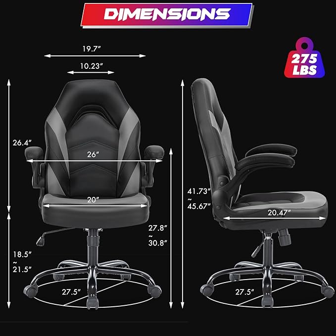 Sweetcrispy Computer Gaming Desk Chair - Ergonomic PU Leather with Comfy Lumbar Support, Height Adjustable Rolling Desk with Flip-up Armrests, for Home and Office