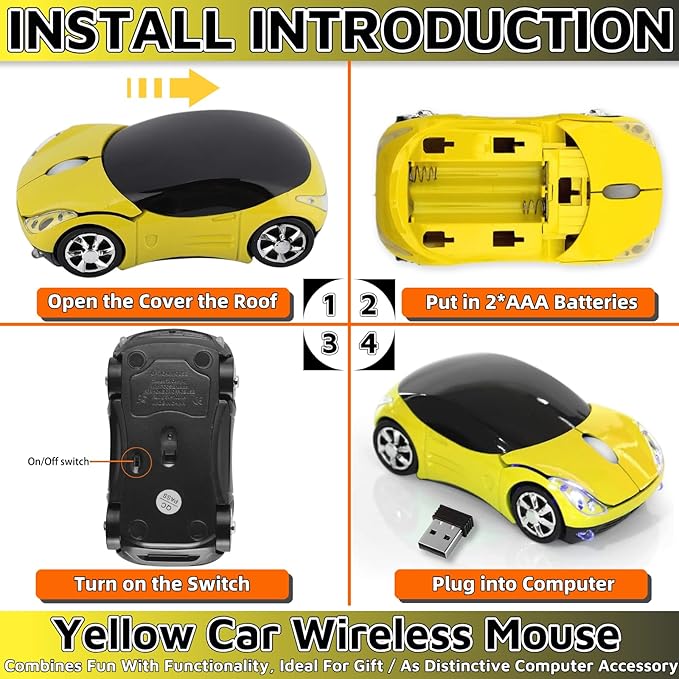 HuGuWdy Yellow Cute Wireless Mouse，2.4G with USB Reciver 1600DPI Car Mouse for Computer Wireless for Laptop Computer Tablet for Windows for Mac OS for Christmas（Yellow）