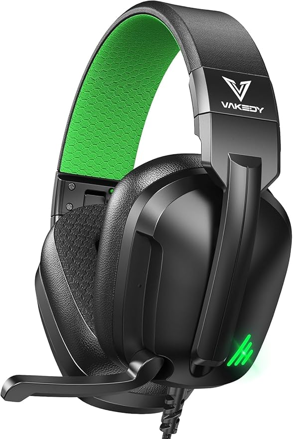 Vakedy HW11 Gaming Headset for PS4,PS5,Xbox Series X,PC,Switch,Gaming Headphones with Noise Canceling Microphone,Stereo Sound,Folding Design,3.5mm Audio Jack (Black/Green)