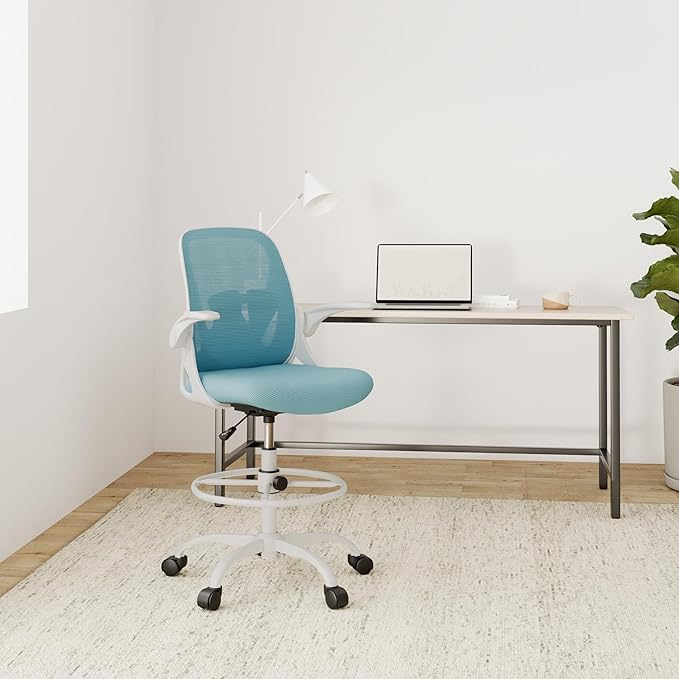 Primy Drafting Chair Tall Office Chair with Flip-up Armrests Executive Ergonomic Computer Standing Desk Chair with Lumbar Support and Adjustable Footrest Ring（Blue）