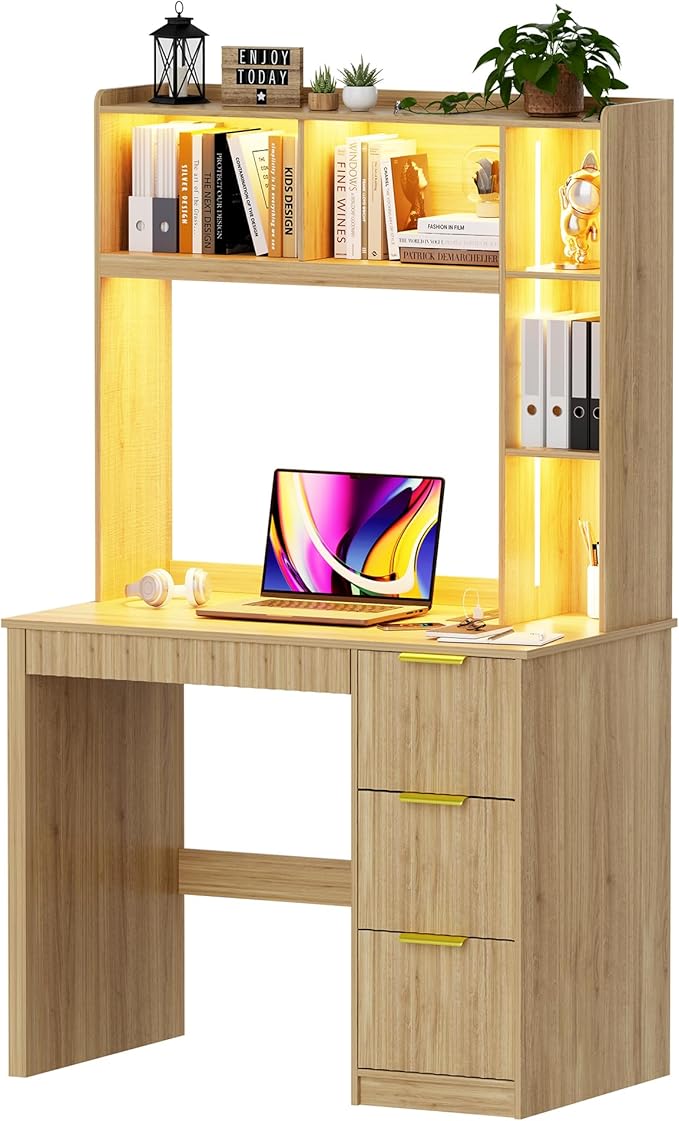 WOOVIVS Home Office Desk with Hutch & LED Lights - 39" Computer Desk with Charging Station, 3 Large Drawers, Hidden Compartment & Fluted Panel Design,Natural Writing Desk for Bedroom, Study
