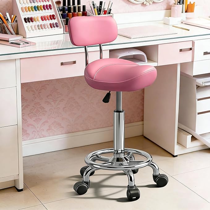 Saddle Stool with Back and Ring Pedal, Adjustable Hydraulic Rolling Chair with Wheels for Salon, Spa, Medical, Massage & Drafting Use Pink