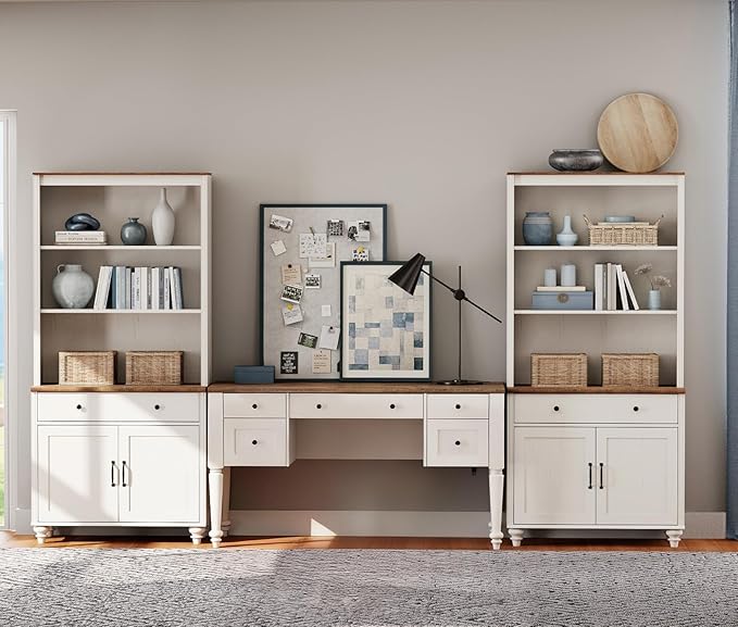 WAMPAT Home Office Furniture Set, 56" Executive Desk with Charging Station, 72" Tall Bookcase with 4 Doors and 2 Drawers, Wood Computer Desk with File Cabinet Storage, Open Shelf, White