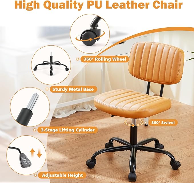 Sweetcrispy Small Office Desk Chair - Armless PU Leather with Comfy Lumbar Support, Height Adjustable Rolling Swivel Task for No Arms, for Adult, Student, Bedroom, Home, Vanity, Brown