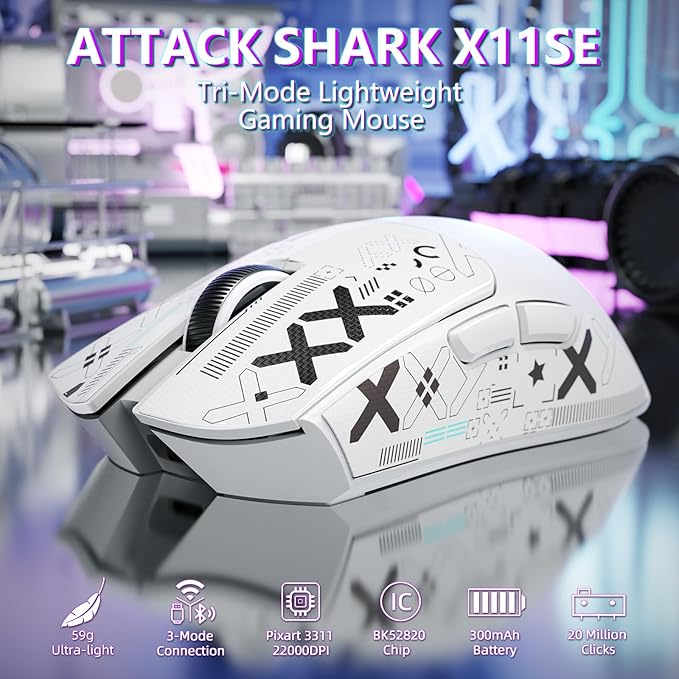 MAMBASNAKE Attack Shark X11SE Lightweight Wireless Gaming Mouse, Tri-Mode 2.4G/USB-C Wired/BT, 22K DPI, PAW3311 Optical Sensor, 59g, 5 Programmable Buttons, 300mAh Battery for PC/Mac((White-Griptape)