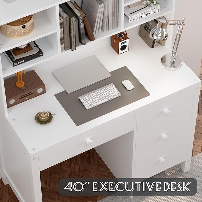 Vintage 40'' Home Executive Desk and Upholstered Chair Set with Bookshelf(White)
