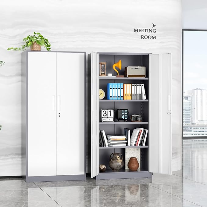 SUNCROWN 72" Metal Storage Cabinet - Heavy-Duty Metal Garage Cabinet with 4 Adjustable Shelves & 2 Doors for Tools, Office, Home, Workshop,Grey & White-Small