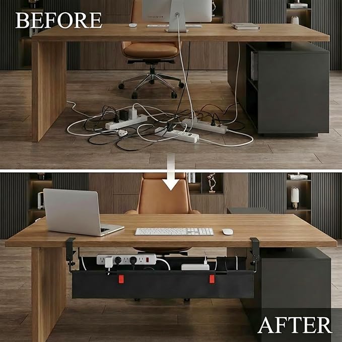 Under Desk Cable Management No Drill – 48" L x 6" W Cord Organizer, Upgraded Silicone Pads (No Scratch), 16 Cable Slots, Washable PE Honeycomb Base, Fits Desks 0–2.1" Thick, Black