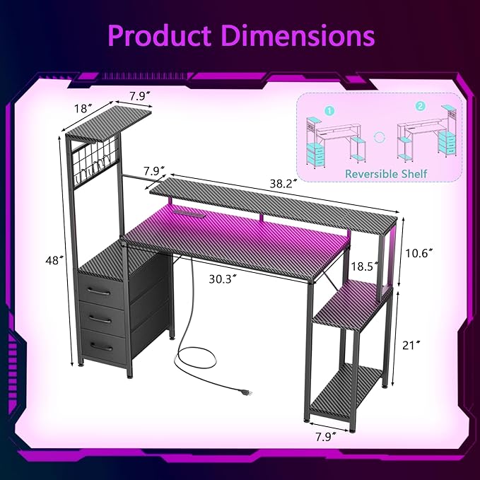 Korfile 48 Inch Gaming Desk with LED Lights & Power Outlets,Computer Desk with Fabric Drawers & Side Hook,Reversible Gamer Table with Monitor Stand for Game Room,Home Office,Carbon Fiber Black