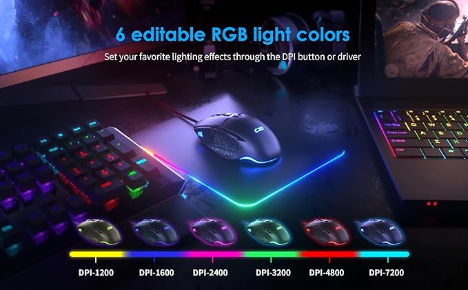 C309 Gaming Mouse Wired, Ergonomic Gamer Mouse PC Gaming Mice USB Optical Computer Mouse with RGB Backlit, 6 Adjustable DPI Up to 7200, 8 Programmable Buttons for Windows XP, 10, 8, 7, Mac OS, Linux